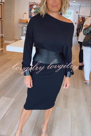 Winston Faux Leather Patchwork Wide Belt Design One Shoulder Stretch Midi Dress