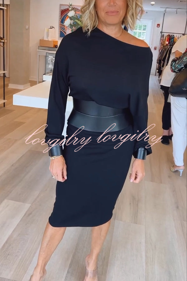Winston Faux Leather Patchwork Wide Belt Design One Shoulder Stretch Midi Dress