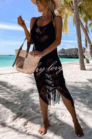 Queen of The Beach Tassel Cutout Knit Cover-up Dress