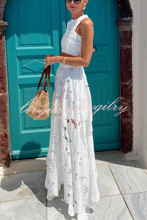 Next Trip Floral Embroidery Crochet Lace Crop Tank Top and Elastic Waist Pocket Maxi Skirt Set