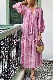 Marrakech Stories Linen Blend Printed Balloon Sleeve Pocketed A-line Midi Dress