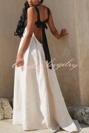 Jordina Linen Blend Colorblock Cups Backless Tie-up Loose Maxi Dress