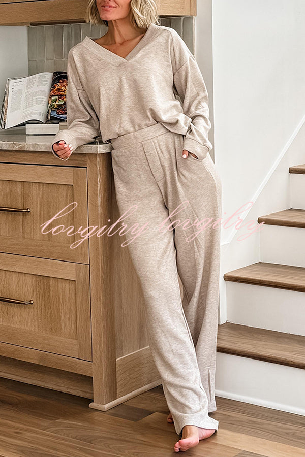 Oatmeal Morning Solid Color V-neck Sweatshirt and Elastic Waist Pocketed Lounge Pants Set