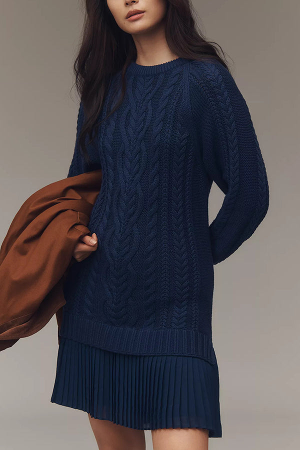 Fashion Loose Round Neck Long Sleeve Knitted Splicing Mini Dress