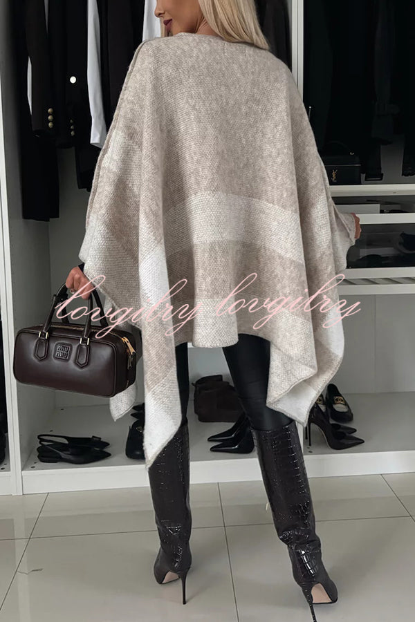 Calm and Elegant Knit Plaid Color Block Batwing Sleeve Loose Poncho