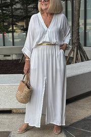 Solid Color V-Neck Casual Loose Pocket Slit Maxi Dress