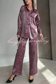 Leopard Print Long-sleeved Casual Top and Loose Elastic Waist Tie Pants Set