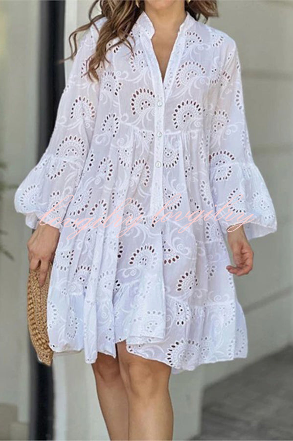 V Neck Embroidered Hollow Lace Flower Mini Dress