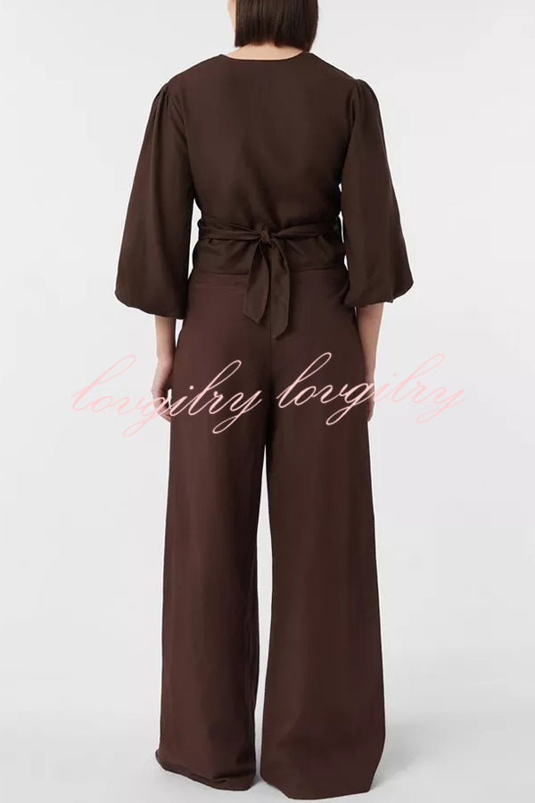 Lets Go Out Linen Blend Balloon Sleeve Wrap Tie-up Loose Top