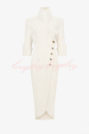 Elegant Look Linen Blend Stand Lapel Neck Half Sleeve Side Button Midi Dress