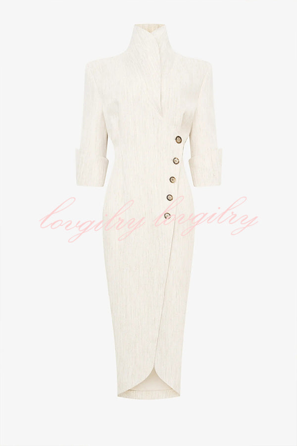 Elegant Look Linen Blend Stand Lapel Neck Half Sleeve Side Button Midi Dress
