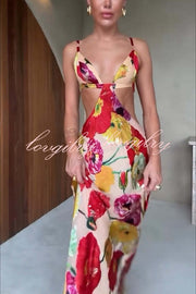 Hawaiian Dreams Satin Floral Print Cutout Backless Maxi Dress