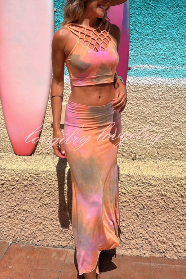 Boho Style Tie-dye Hollow Straps Neck Tank and High Rise Slit Stretch Maxi Skirt Set