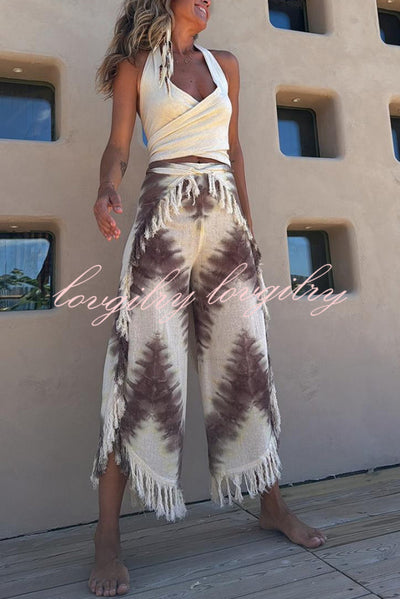 Katy Linen Blend Tie-dye Wrap Tie-up Tassel Trim Pants