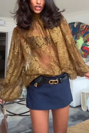 Reigna Semi-sheer Floral Lace Bow Neck Balloon Sleeve Loose Blouse