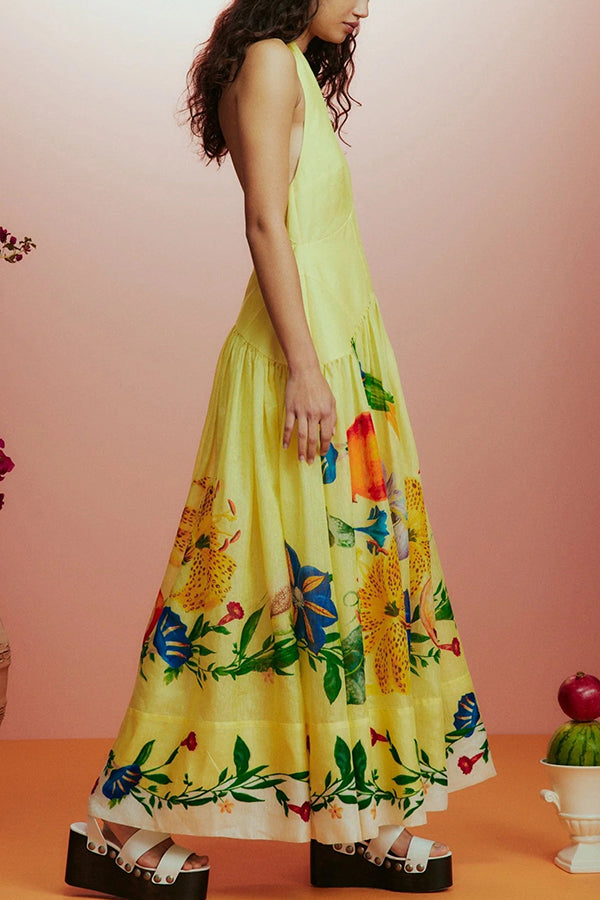 Floral Print Halterneck Open Back Full Hem Maxi Dress