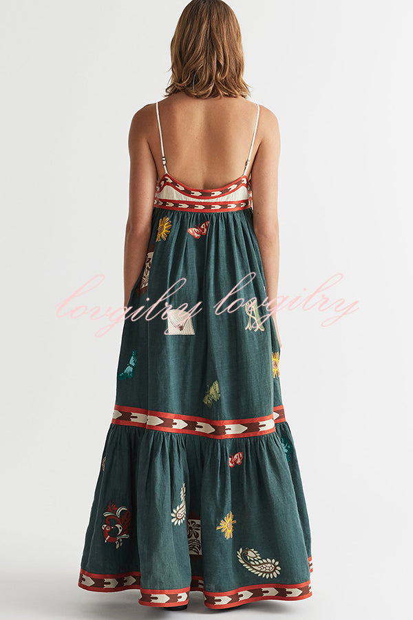 Unique Printed Sexy Suspender Backless Large Hem Maxi Dress