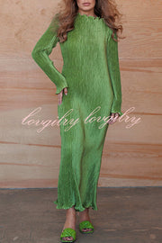 Hansin Satin Pleated Fabric Long Sleeve Wavy Trim H-line Slit Midi Dress
