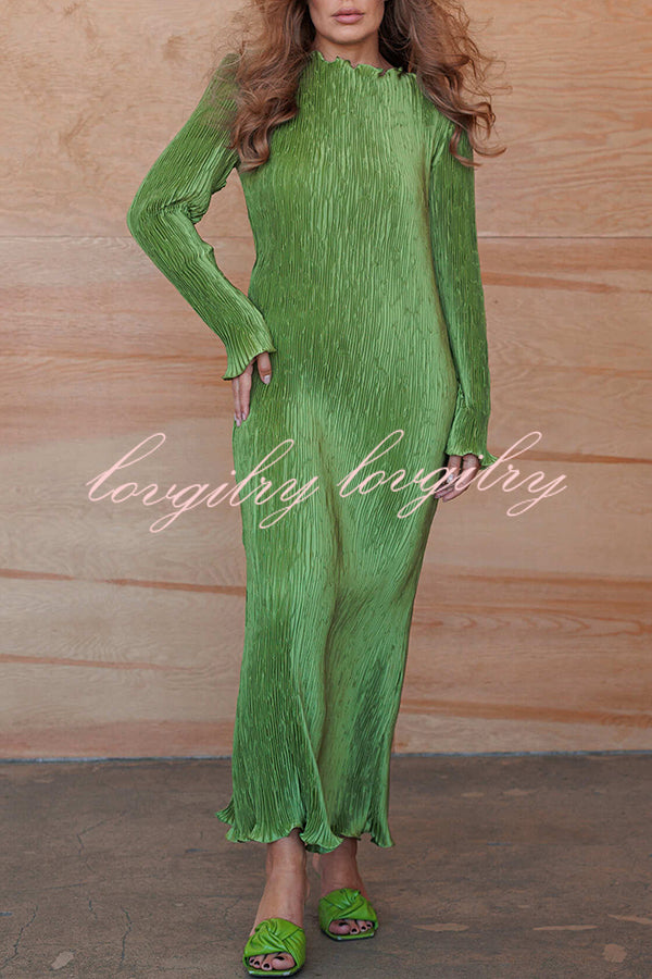 Hansin Satin Pleated Fabric Long Sleeve Wavy Trim H-line Slit Midi Dress