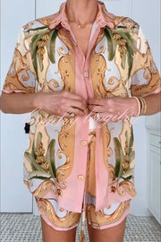 Royalty Unique Print Button Up Short Sleeve Shirt and Elastic Waist Pocketed Loose Shorts Set