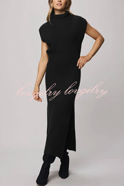 Solid Color Sleeveless Knitted Elegant Waist Midi Dress