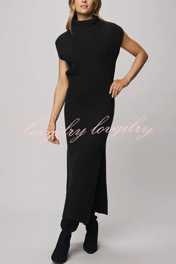Solid Color Sleeveless Knitted Elegant Waist Midi Dress