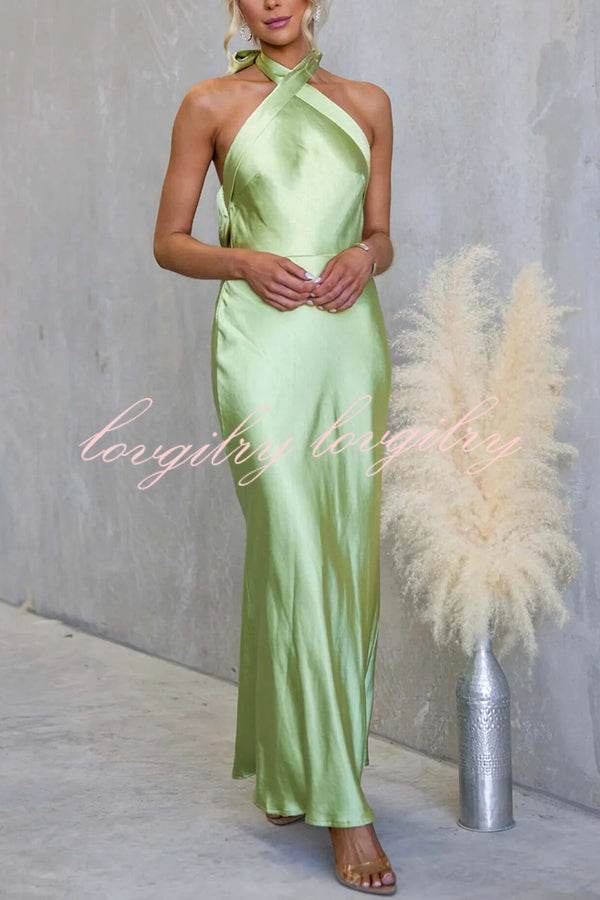 Satin Fashion Halter Backless Slim Elegant Maxi Dress