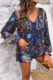 Intricate Floral Print V Neck Lace Up Paneled Long Sleeve Shirt