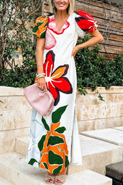 Summer Gala Floral Print Puff-Sleeve A-Line Slit Maxi Dress