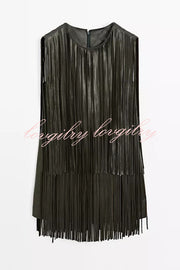 Modern Times Faux Leather Layered Tassel Design Sleeveless H-line Mini Dress