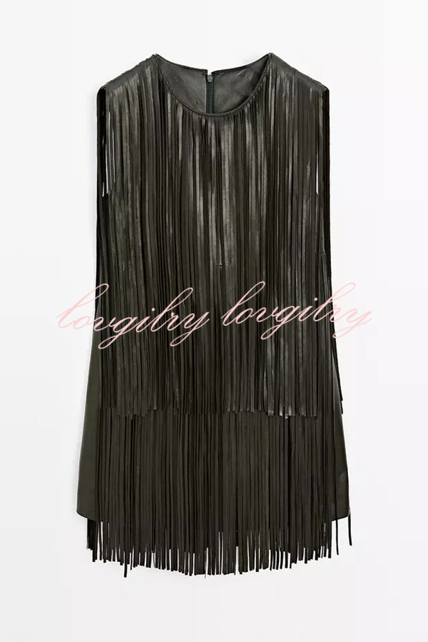 Modern Times Faux Leather Layered Tassel Design Sleeveless H-line Mini Dress