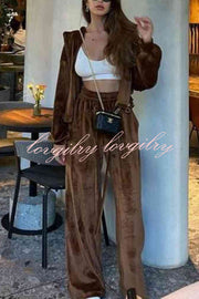 Velvet Casual Zip-up Hooded Top and Elastic Waist Wide Leg Pants Set