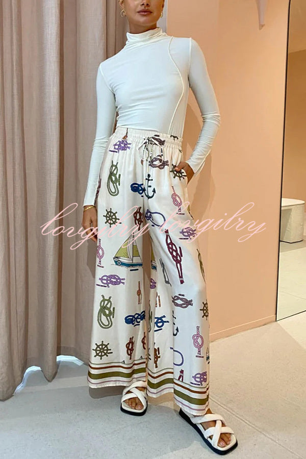 Sail Away Satin Unique Nautical Motifs Print Elastic Waist Pocketed Wide Leg Pants