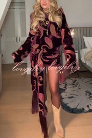 Night Out Velvet Paisley Print Long Sleeve Tie-up Tassel Loose Mini Dress