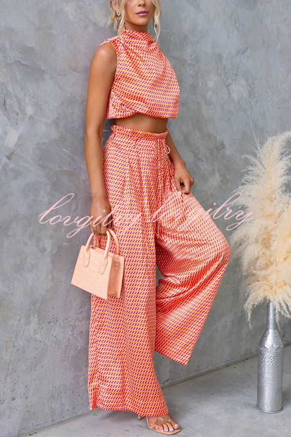 Girls Night Satin Printed High Neck Top and Elastic Tie-up Waist Pocket Wide Leg Pants Set