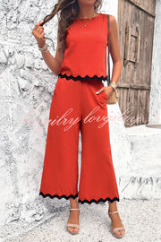 Wave Trimmed Round Neck Buttoned Elastic Waist Pants Suit