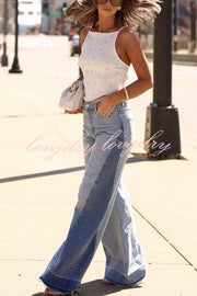 Ellison Denim Side Colorblock High Rise Pocket Wide Leg Jeans
