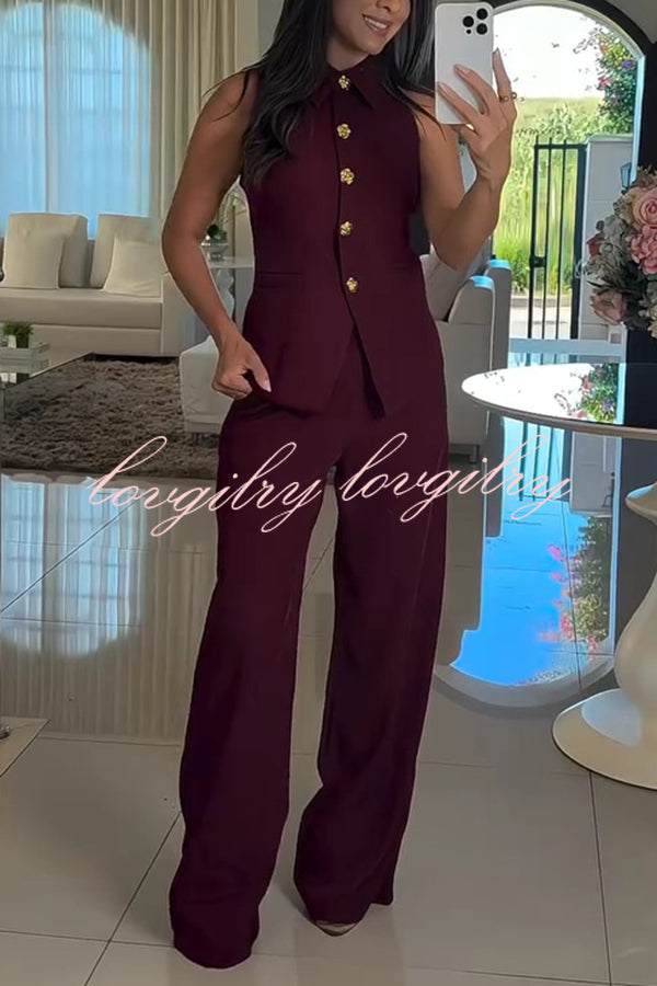 Fashion Lapel Sleeveless Button Vest and Casual Straight-leg Suit Pants Set