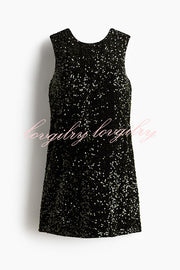 Glam Season Velvet Sequin Back Oversized Bow Design Sleeveless Loose Mini Dress