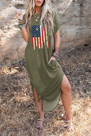Independence Day Printed Casual Short Sleeve Pocket Loose Midi Dress