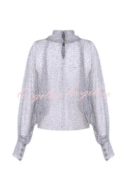 Wear Tool Glitter Decoration Mesh High Neck Lantern Sleeve Blouse