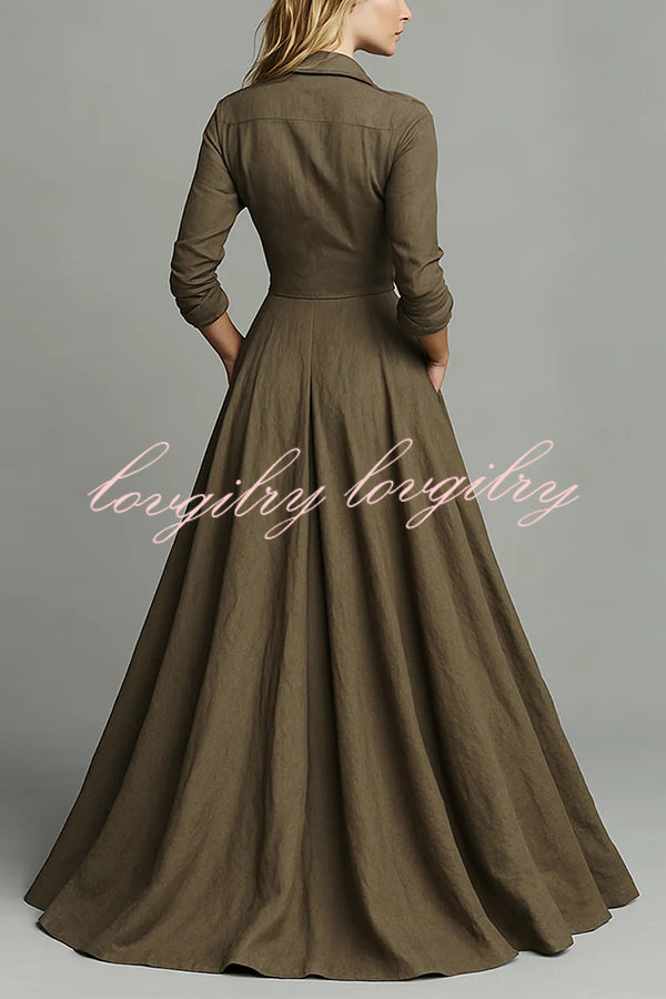 Linen Blend Lapel Pocket Single-breasted Shirt-style Casual Maxi Dress