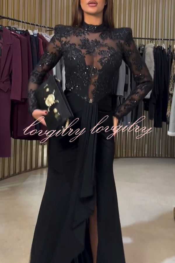 Fenna Sheer Floral Sequin Shoulder Pads Long Sleeve Drape Slit Maxi Dress