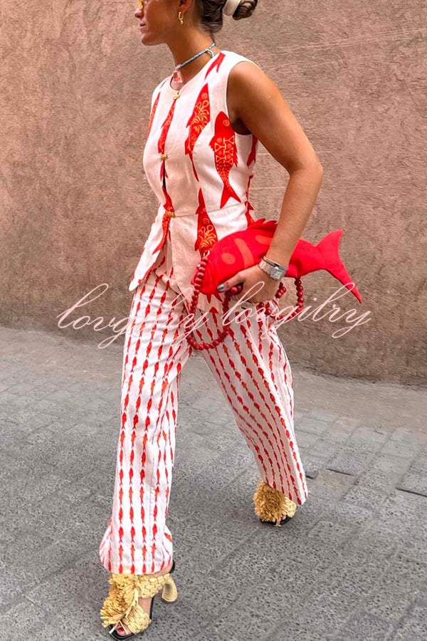 Good Luck Linen Blend Koi Pattern High Rise Elastic Waist Loose Pants
