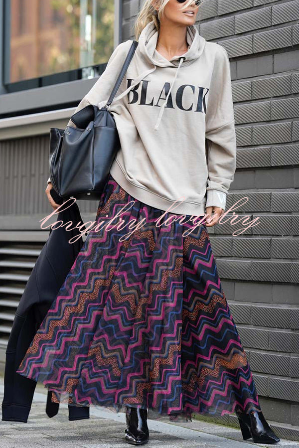 Unique Printed Large Hem Loose Mesh Maxi Skirt