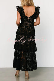 Lace V-neck Ruffled Sleeves Cinched Waist Maxi Dress