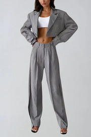 Solid Color Lapel Cropped Blazer and Pocket Straight-leg Pants Set