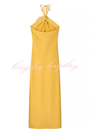 Fashionable Beaded Large Flower Decoration Halter Neck Backless Maxi Dress