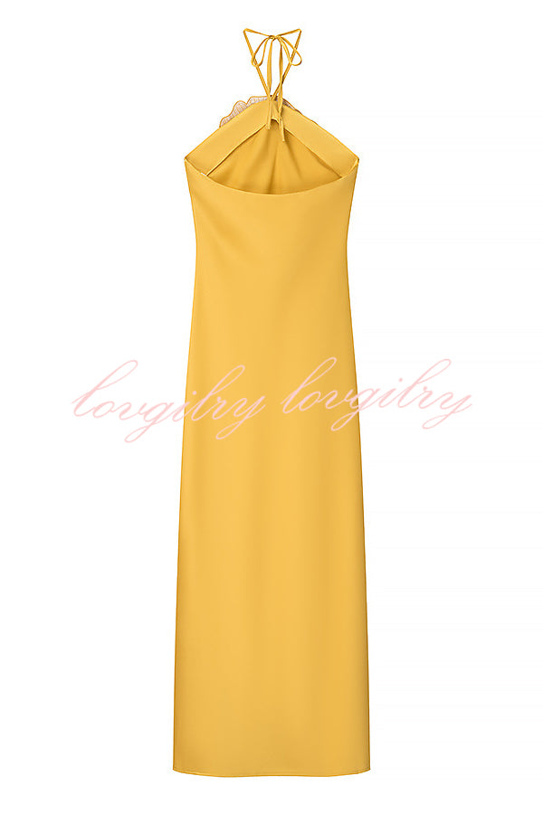 Fashionable Beaded Large Flower Decoration Halter Neck Backless Maxi Dress
