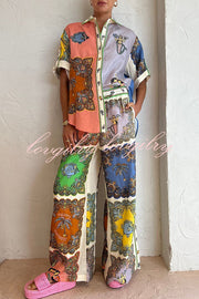 Sunny Delights Linen Blend Mermaid Print Elastic Waist Pocketed Wide Leg Pants